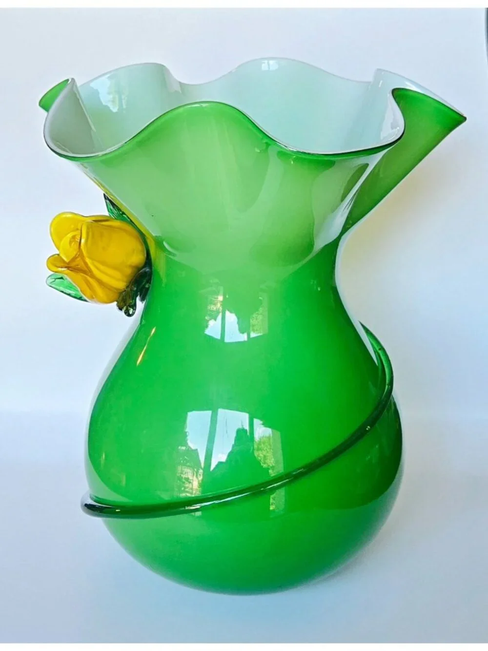 Large Hand-Blown Green Glass Vase With Yellow Flower Rose Accent & Ruffled Rim
